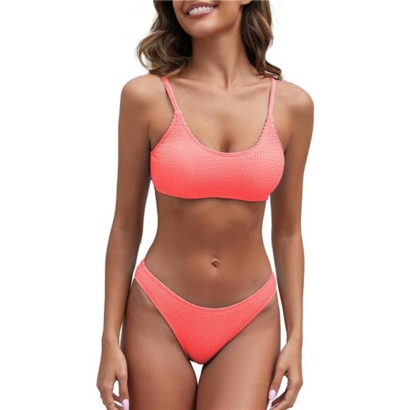 Women's Ribbed Bikini Sets Scoop Neck Cheeky‎ Swimsuit Textured Two Piece Pair - Picture 1 of 5